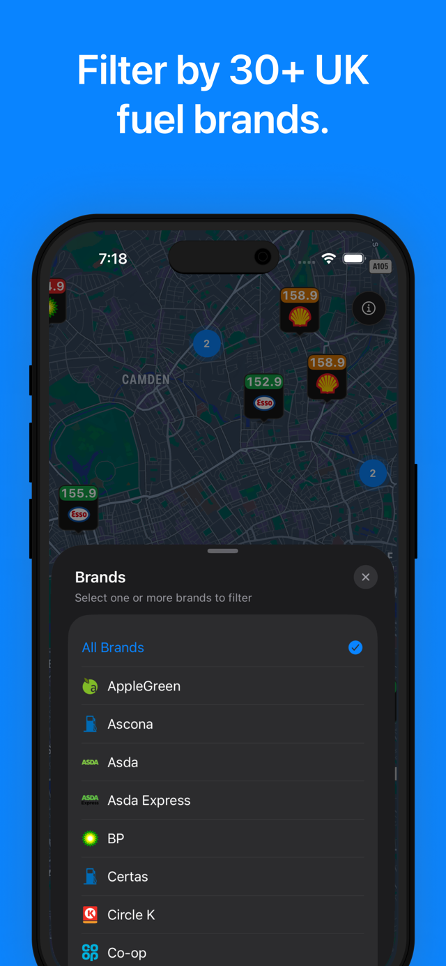 Fuel Spy UK iPhone screen showing filters for UK fuel brands
