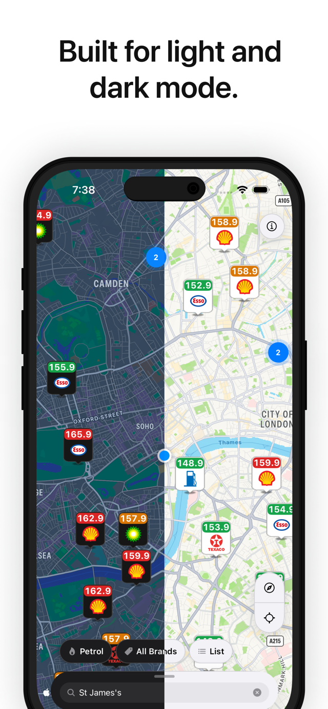 Fuel Spy UK map shown in both light and dark mode